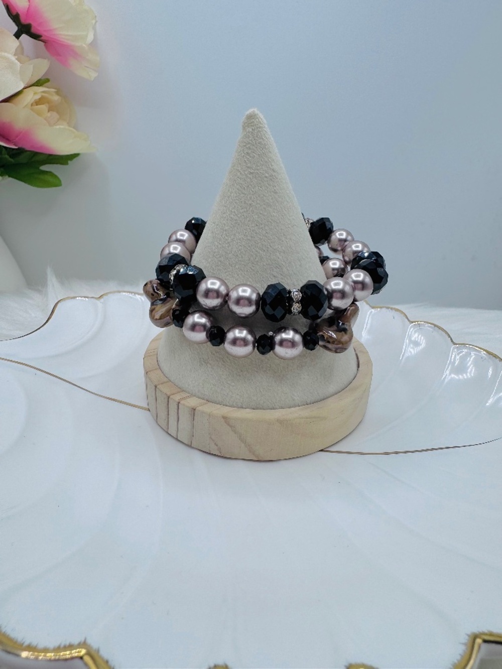 Stacked Beaded Bracelet Set Black Faceted & Taupe Pearl Stretch Boho Chic